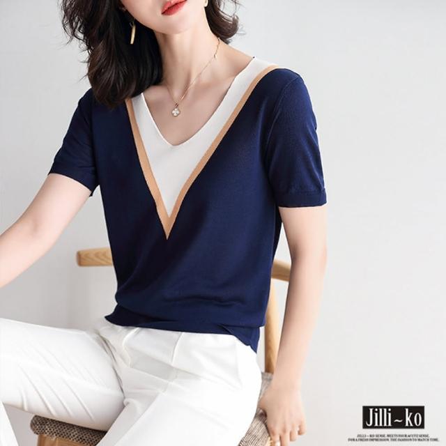 【JILLI-KO】買一送一 冰絲撞色V領造型針織衫-M(白/藍)