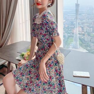 【BBHONEY】韓國重工鑲鑽透翻領碎花連衣裙短款小個子洋裝(網美必備款)