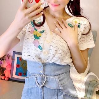 【BBHONEY】韓版甜蕾絲鉤花鏤空繡花貼布洋氣短袖襯衫上衣(網美必備款)