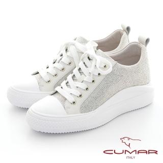 【CUMAR】真皮拼接異材質閃耀亮鑽舒適綁帶厚底休閒鞋(白色)