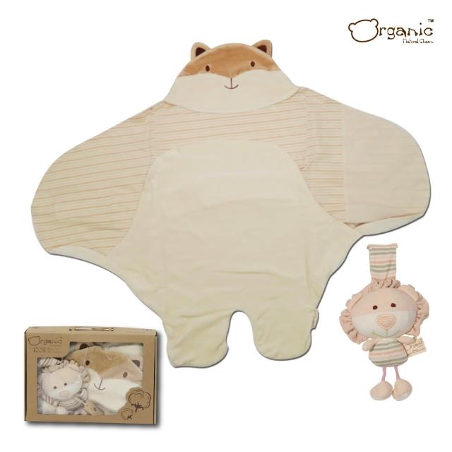 【Oragnic】有機棉超值2件式禮盒-狐狸包巾+獅子音樂鈴/嬰兒包巾禮盒(禮盒裝)