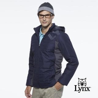 【Lynx Golf】男款防潑水防風保暖科技羽絨Lynx印花連帽可拆式長袖外套(深藍色)