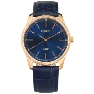 【CITIZEN 星辰】簡約時尚 礦石強化玻璃 日本機芯 真皮壓紋手錶 藍x鍍玫瑰金 42mm(BH5003-00L)