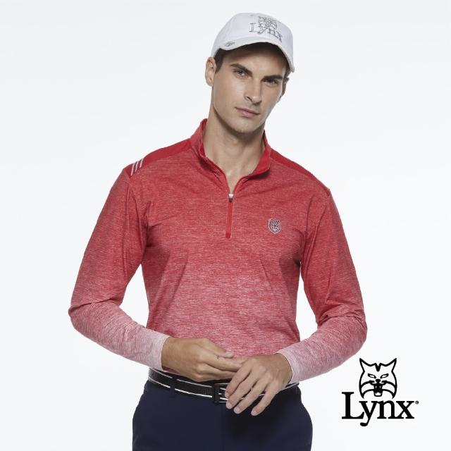 【Lynx Golf】男款遠紅外線保暖刷毛山貓織標反光印花長袖立領POLO衫/高爾夫球衫(紅色)