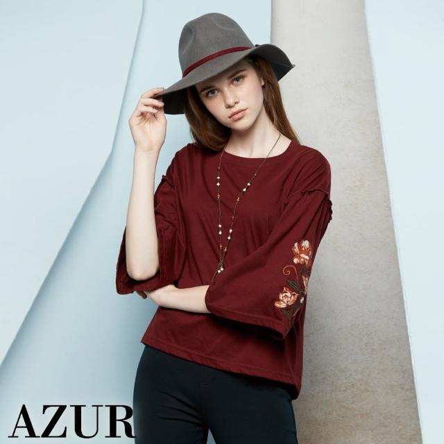 【AZUR】時尚女伶花紋刺繡寬袖上衣-3色