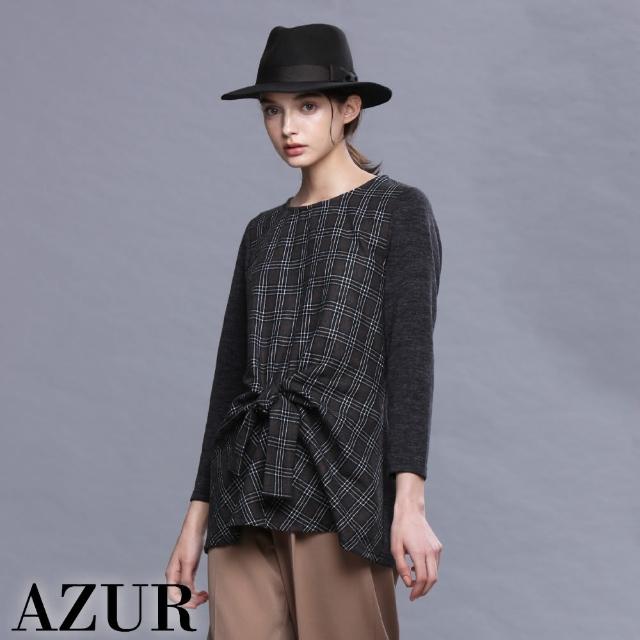 【AZUR】時尚女伶格紋拼接綁結造型上衣