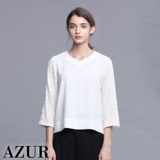 【AZUR】時尚女伶氣質V領緹花袖雪紡上衣