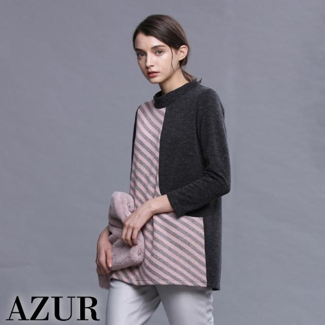 【AZUR】時尚女伶高領條紋拼接長版上衣-3色