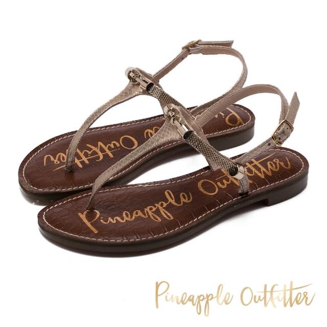 【Pineapple Outfitter】真皮復古感金屬環T字帶平底涼鞋(金銅)