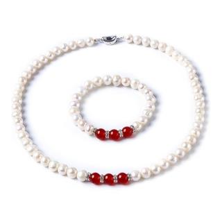 【Jpqueen】珍藏珍珠紅玉項鍊耳環手環3件套組(白色)