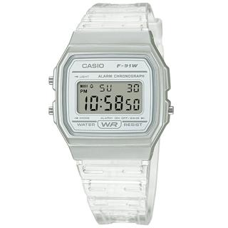 【CASIO 卡西歐】方形造型 果凍漸層 電子液晶 橡膠手錶 半透明白色 35mm(F-91WS-7)