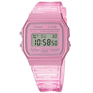 【CASIO 卡西歐】方形造型 果凍漸層 電子液晶 橡膠手錶 半透明粉色 35mm(F-91WS-4)
