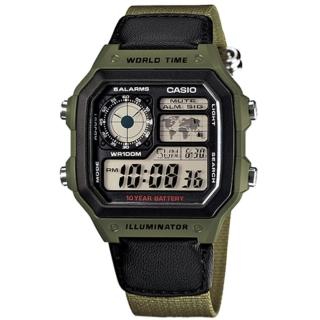 【CASIO 卡西歐】軍事風格 世界時間 防水100米 電子液晶 帆布手錶 黑x軍綠色 40mm(AE-1200WHB-3B)