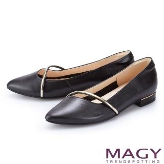 【MAGY】金屬飾條裝飾真皮尖頭 女 平底鞋(黑色)