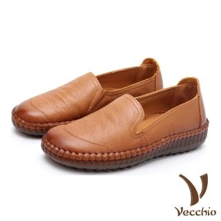 【Vecchio】真皮樂福鞋 懶人樂福鞋/真皮頭層牛皮復古手工縫線舒適軟底樂福鞋(黃)