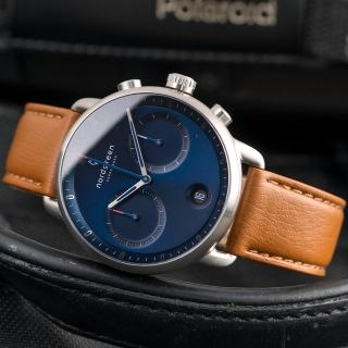 【Nordgreen】ND手錶 Pioneer 先鋒 42mm 月光銀殼×藍面 復古棕純素皮革錶帶(PI42SIVEBRNA)