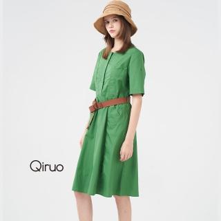 【Qiruo 奇若名品】春夏專櫃墨蘭綠洋裝2128F時尚五分袖休閒款(純棉純綠色)