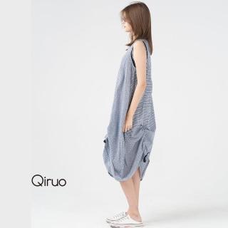 【Qiruo 奇若名品】春夏專櫃藍白細格洋裝8256F小傘狀抓皺設計(圓領中)
