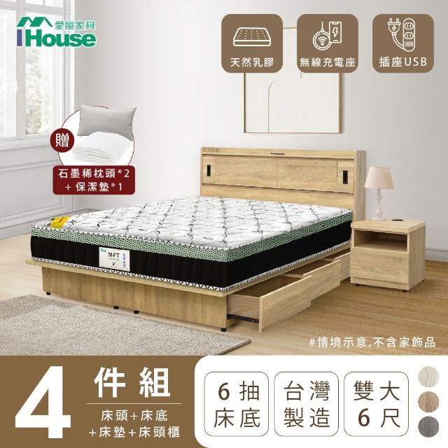 【IHouse】品田 房間4件組 雙大6尺(床頭箱+收納抽屜底+床墊+床頭櫃)