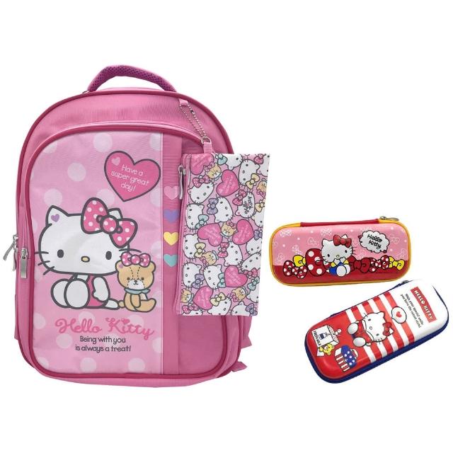 【SANRIO 三麗鷗】Hello Kitty三層背包+立體硬殼筆盒超值組(台灣正版授權)
