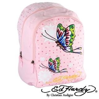 【Ed Hardy】印刷蝴蝶花朵雙層小背包粉色款(限量出清 數量有限售完為止)