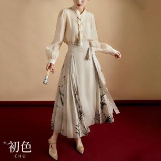 【初色】中華風長袖立領流蘇裝飾排釦雪紡襯衫女上衣-米色-30214(M-XL可選)