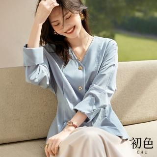 【初色】清涼感文藝V領收腰顯瘦長袖襯衫上衣-藍色-30210(M-2XL可選)