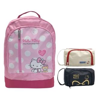 【SANRIO 三麗鷗】Hello Kitty雙層背包+大開口超大容量文具袋超值組(台灣正版授權)