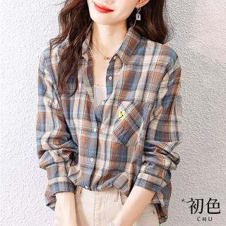【初色】韓版翻領撞色格紋休閒襯衫上衣-格子-64643(M-2XL可選)