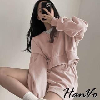 【HanVo】現貨 慵懶風V領寬鬆短版上衣套裝(舒適親膚日常休閒套裝 女生衣著 5968)