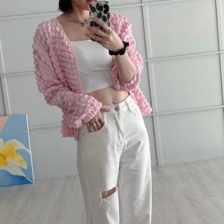 【BBHONEY】韓風立體泡泡紋罩衫 外套(黑/白/粉/黃/紫)