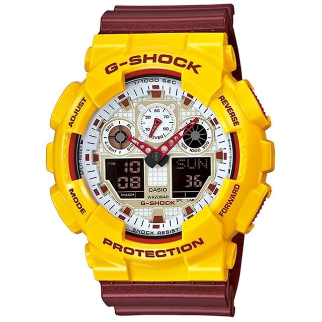 【CASIO 卡西歐】卡西歐G-SHOCK 雙顯鬧鈴電子錶-紅黃(GA-100CS-9A)