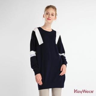 【KeyWear 奇威名品】時尚大塊條紋毛衣長袖洋裝