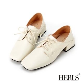 【HERLS】牛津鞋-全真皮兩穿素面方頭粗跟德比鞋牛津鞋(米白色)