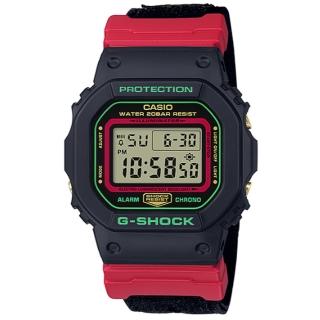 【CASIO 卡西歐】卡西歐G-SHOCK 鬧鈴電子帆布錶-黑X紅(DW-5600THC-1)