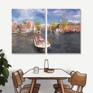 【24mama 掛畫】二聯式 油畫布 歐洲荷蘭 繪畫藝術 城市建築 船 河水 無框畫-30x40cm(阿姆斯特丹港)
