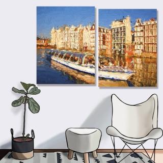 【24mama 掛畫】二聯式 油畫布 歐洲荷蘭 繪畫藝術 城市建築 船 河水 無框畫-30x40cm(阿姆斯特丹河)