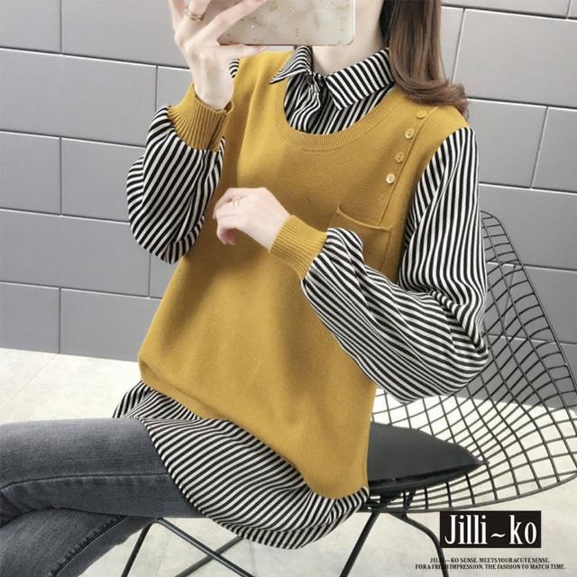 【JILLI-KO】買一送一 假兩件針織馬甲條紋襯衫-F(黑/黃)