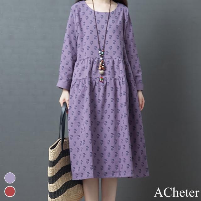 【ACheter】清秀佳人印花棉麻寬鬆洋裝#107794(2色)