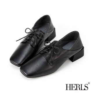 【HERLS】牛津鞋-全真皮兩穿素面方頭粗跟德比鞋牛津鞋(黑色)