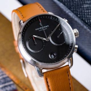 【Nordgreen】ND手錶 Pioneer 先鋒 42mm 月光銀殼×黑面 復古棕純素皮革錶帶(PI42SIVEBRBL)