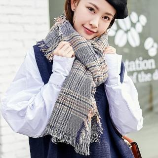 【Acorn 橡果】秋冬新款格紋圍巾披肩斗篷羊絨流蘇質感1604(藏青)