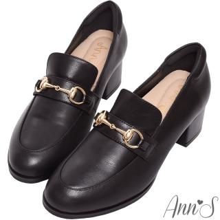 【Ann’S】質感真小羊皮金釦粗跟樂福鞋 4.5cm(黑)