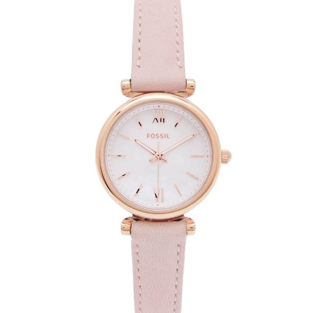 【FOSSIL】珍珠貝錶盤的皮革錶帶手錶-珍珠貝面X粉色/28mm(ES4699)