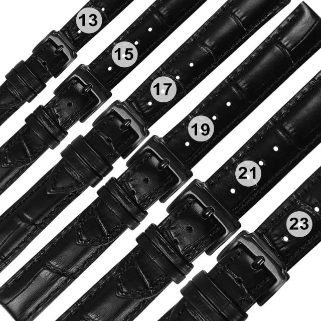 【Watchband】13.15.17.19.21.23 mm / 各品牌通用 真皮壓紋錶帶 鍍黑不鏽鋼扣頭(黑色)