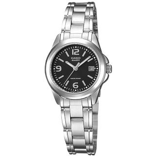 【CASIO 卡西歐】簡約優雅 小巧淑女時尚 日期 不鏽鋼手錶 黑色 27mm(LTP-1215A-1A)
