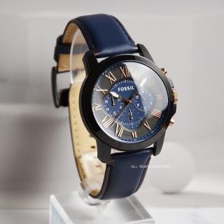 【FOSSIL】藍黑皮革三眼計時腕錶(FS5061)