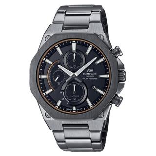 【CASIO 卡西歐】EDIFICE 八角扁平錶圈三眼輕薄太陽能藍寶石計時不鏽鋼腕錶-灰框X黑面(EFS-S570DC-1A)