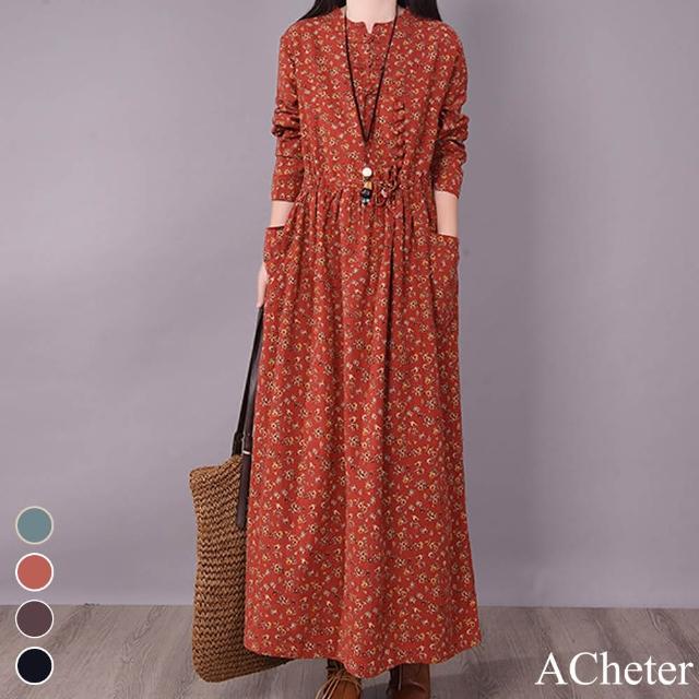 【ACheter】秋風葉小碎花恬靜棉麻長洋裝#107814(4色)