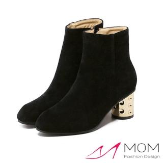 【MOM】低調奢華特殊金屬圓跟簡約時尚馬丁靴(絨面黑)